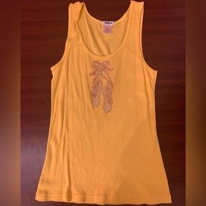 (L) Vintage Yellow DNLA Tank Top with Rhinestone Ballet Slipper Pointe Shoes